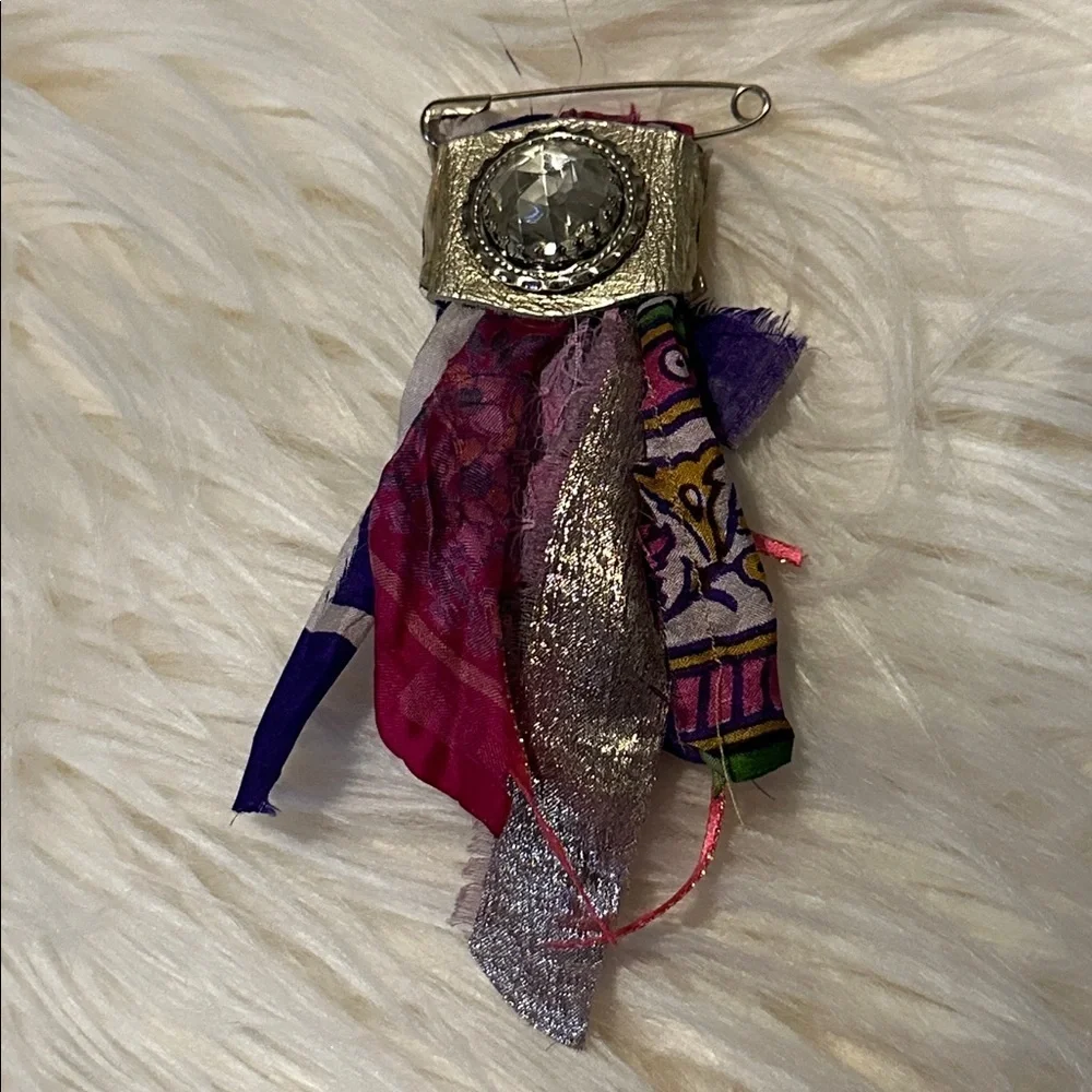 Boho | Fabric Brooch |,Hand Crafted Pin Crystal Embellished 5’ Silk and Lace